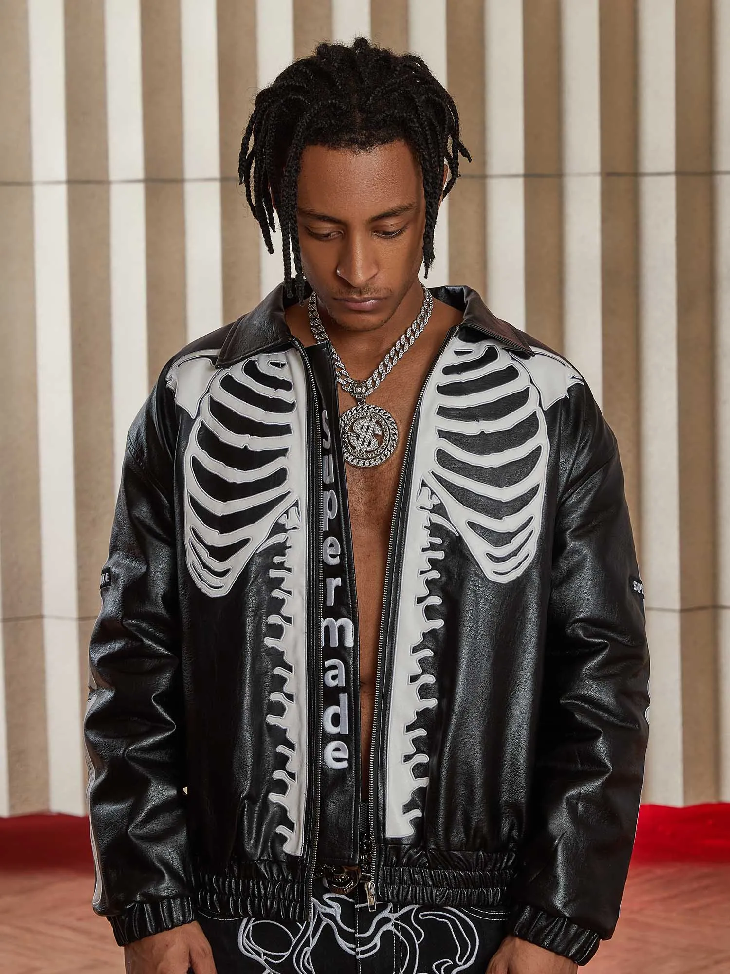 1984 Hip Hop Bones Embroidered Leather Jacket - 1833