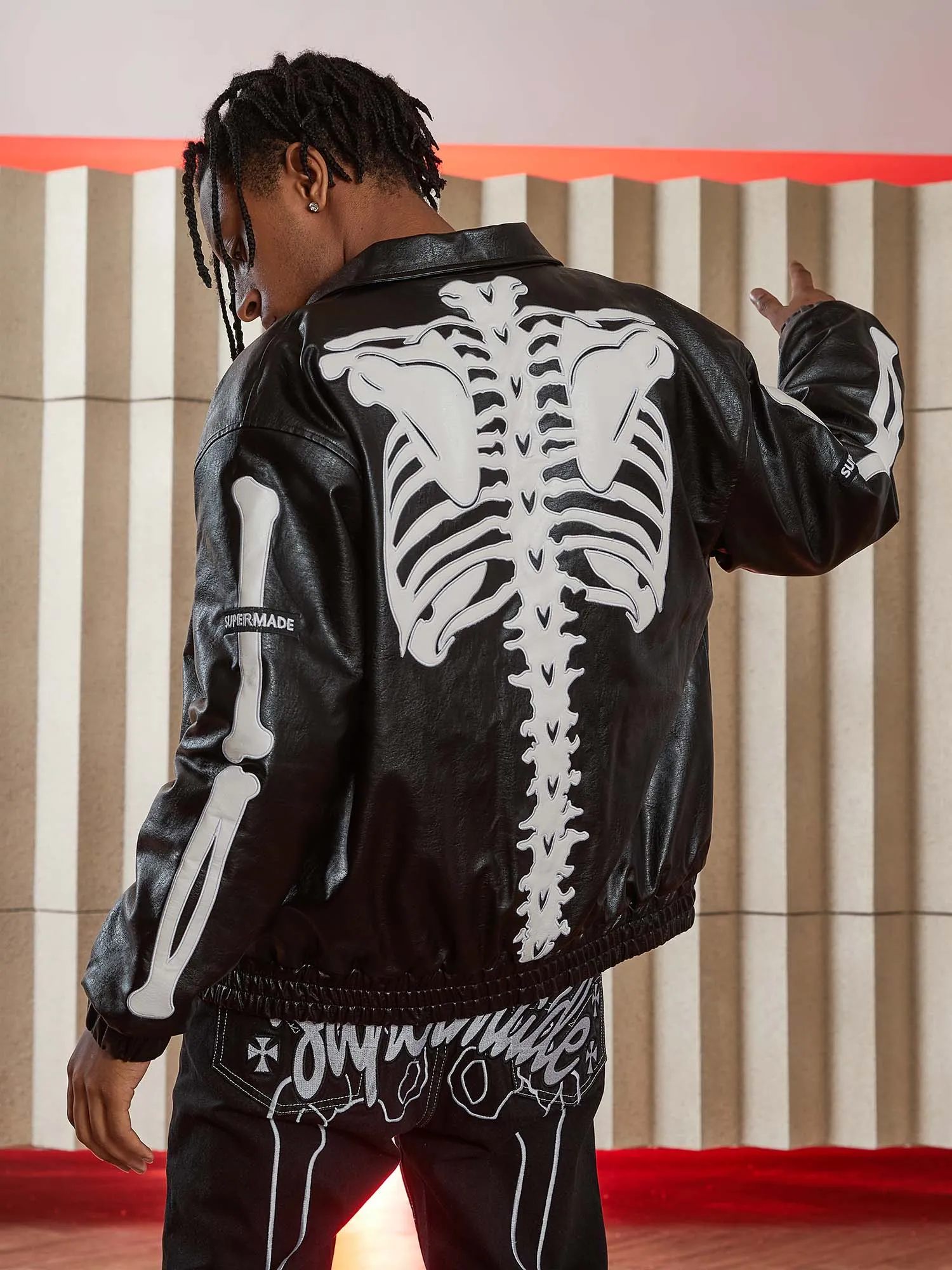 1984 Hip Hop Bones Embroidered Leather Jacket - 1833