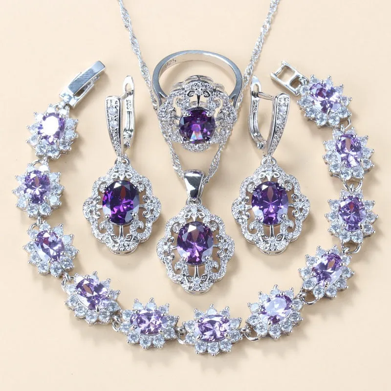 2022 New Fashion Jewelry Sets Women Accessories Romantic Natural Amethyst Dangle Earrings Bracelet And Ring 7-Color Sets