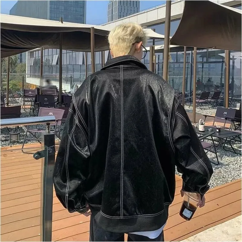 Aidase PU Leather Embroidery Bomber Jackets Mens New 2024 Couples Trendy Motorcycle Coats Red Retro Punk Loose Outwear Streetwear