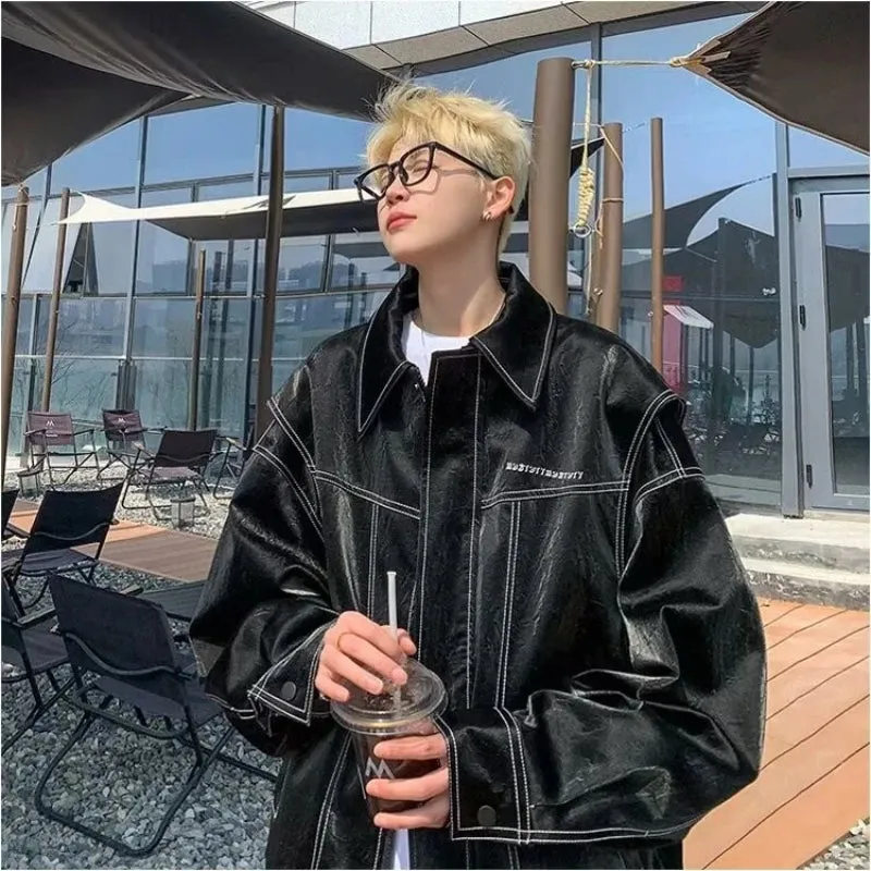 Aidase PU Leather Embroidery Bomber Jackets Mens New 2024 Couples Trendy Motorcycle Coats Red Retro Punk Loose Outwear Streetwear