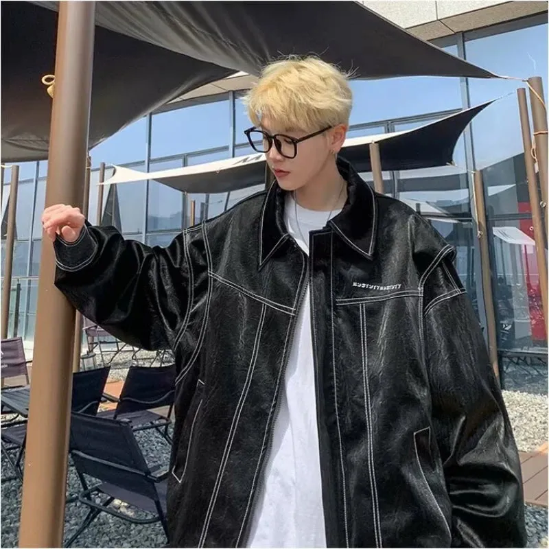 Aidase PU Leather Embroidery Bomber Jackets Mens New 2024 Couples Trendy Motorcycle Coats Red Retro Punk Loose Outwear Streetwear