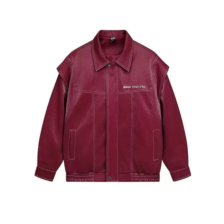Aidase PU Leather Embroidery Bomber Jackets Mens New 2024 Couples Trendy Motorcycle Coats Red Retro Punk Loose Outwear Streetwear