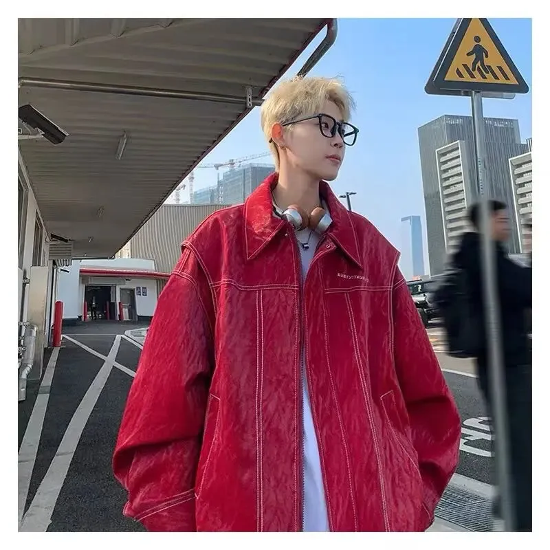 Aidase PU Leather Embroidery Bomber Jackets Mens New 2024 Couples Trendy Motorcycle Coats Red Retro Punk Loose Outwear Streetwear
