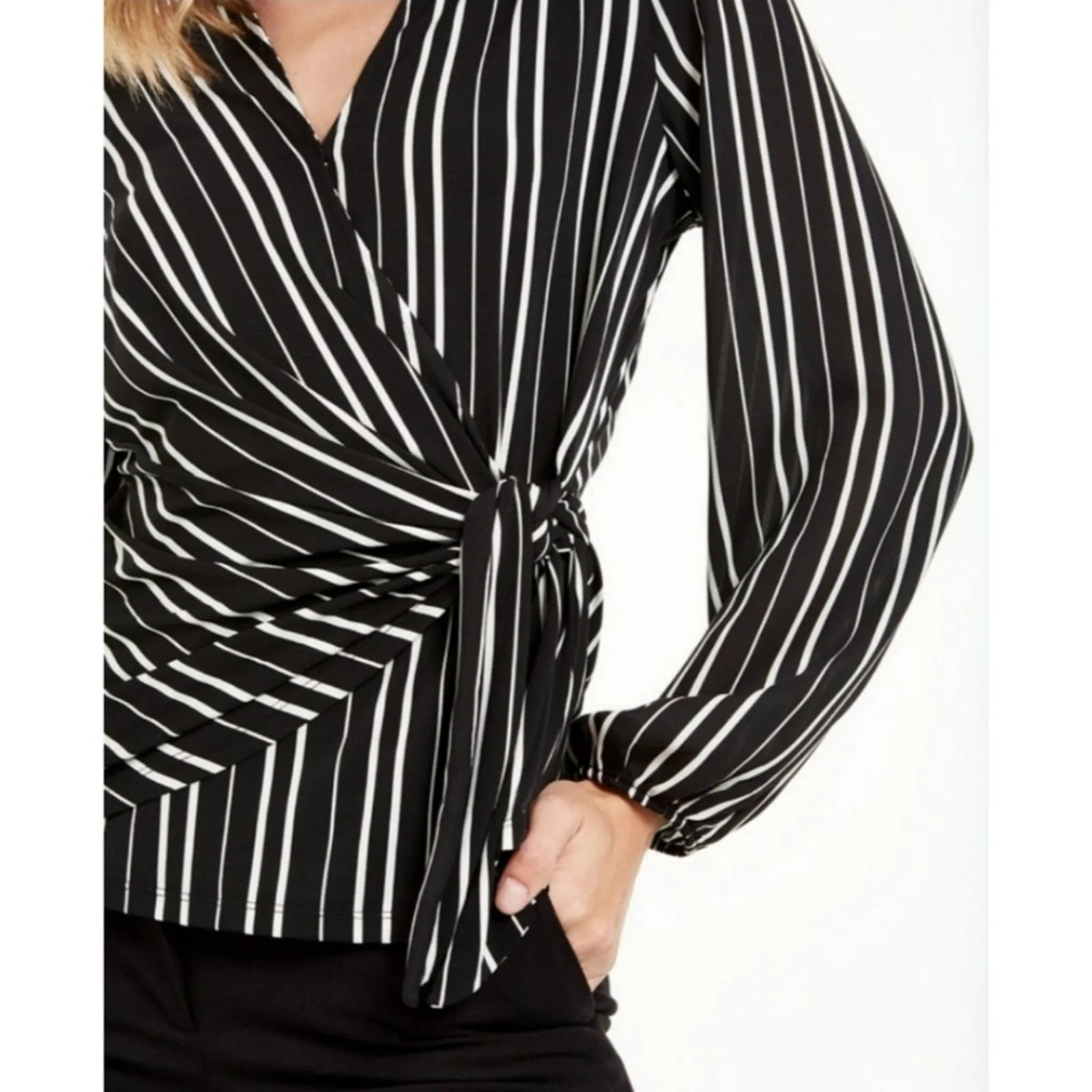 Alfani Striped Surplus Petite Top PM Black White