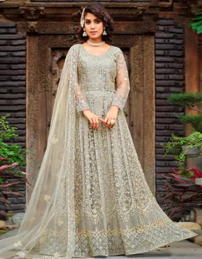 Ash Grey Pant style Anarkali Semi-Stitch