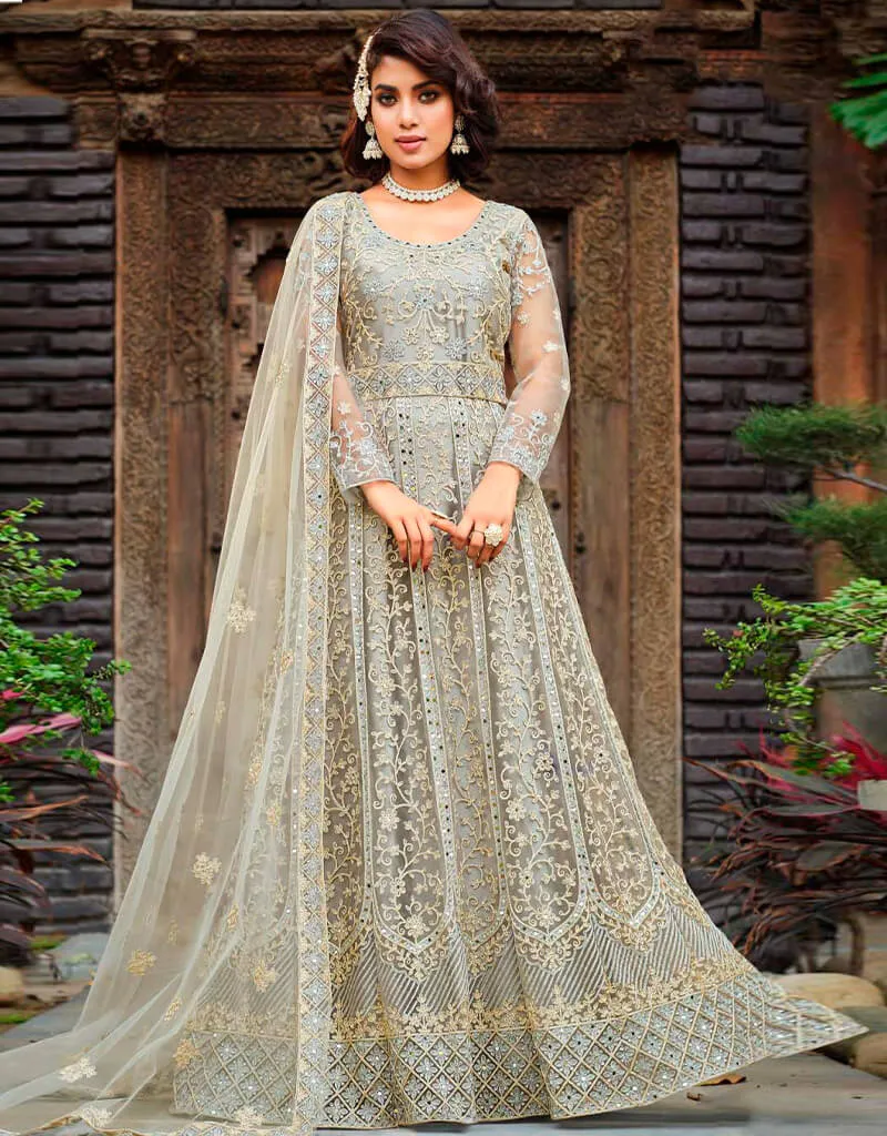 Ash Grey Pant style Anarkali Semi-Stitch