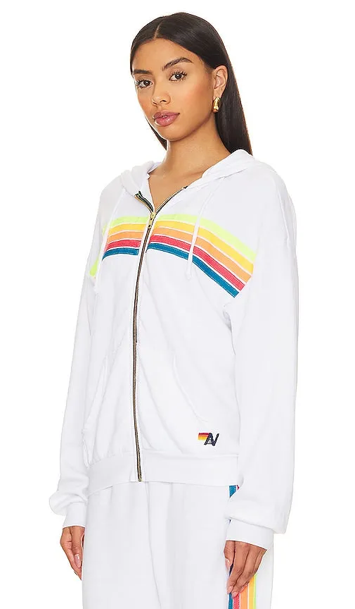 Aviator Nation 5 Stripe Zip Relaxed Hoodie in White