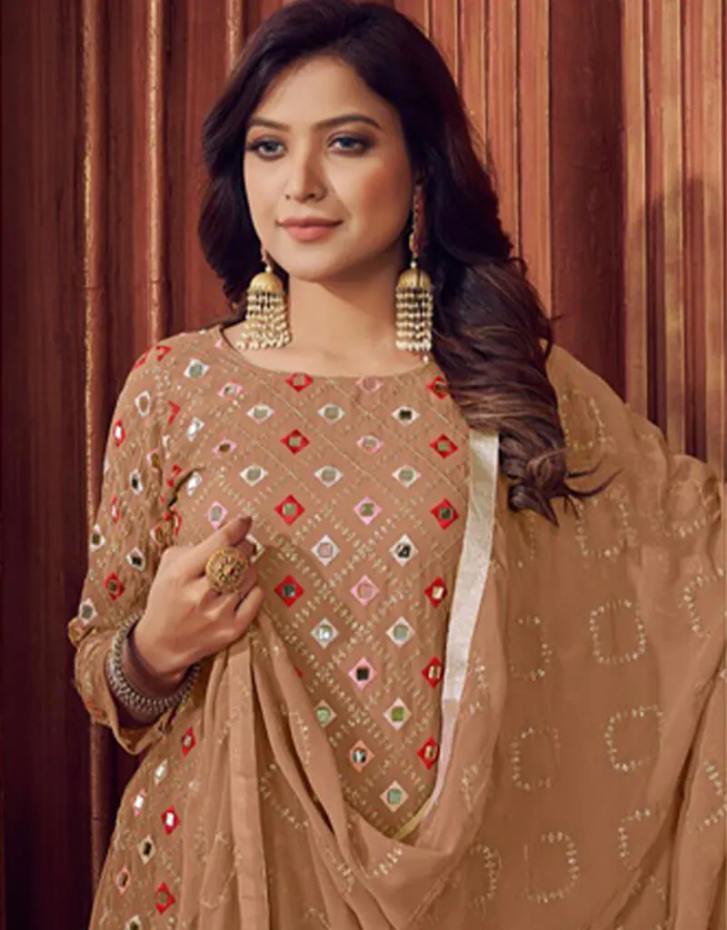 Beige Sharara style Salwar Kameez Faux Georgette