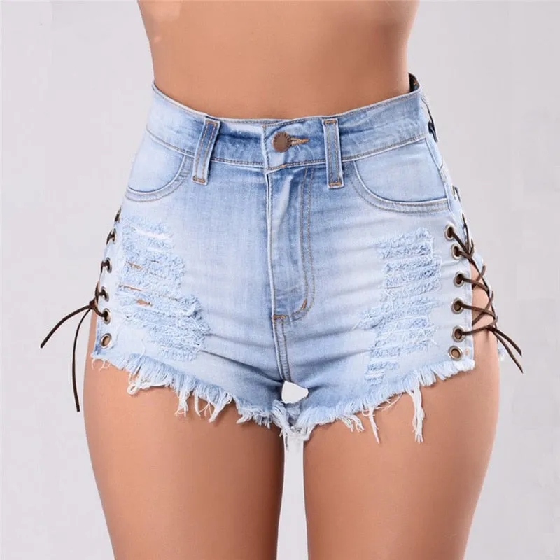 BerriesJam - 2024 Vintage Ripped Hole Fringe Blue Denim Shorts