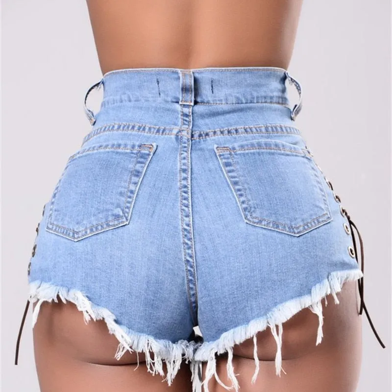 BerriesJam - 2024 Vintage Ripped Hole Fringe Blue Denim Shorts
