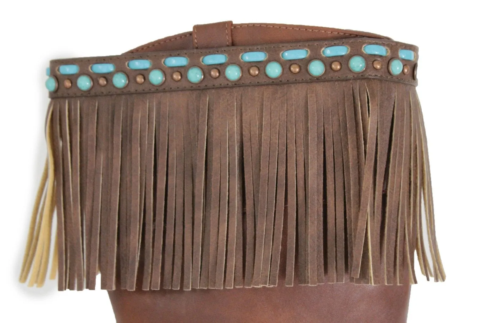 Black Brown Leather Long Fringes Turquoise Blue Beads Western Pair Boots Toppers