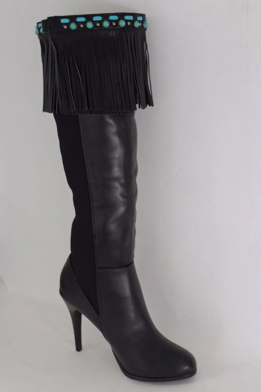Black Brown Leather Long Fringes Turquoise Blue Beads Western Pair Boots Toppers