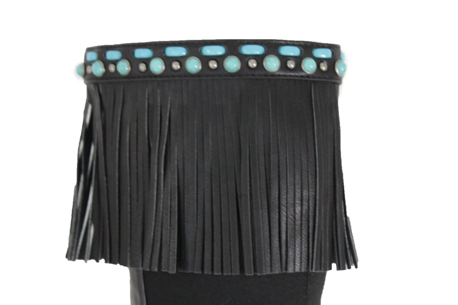 Black Brown Leather Long Fringes Turquoise Blue Beads Western Pair Boots Toppers