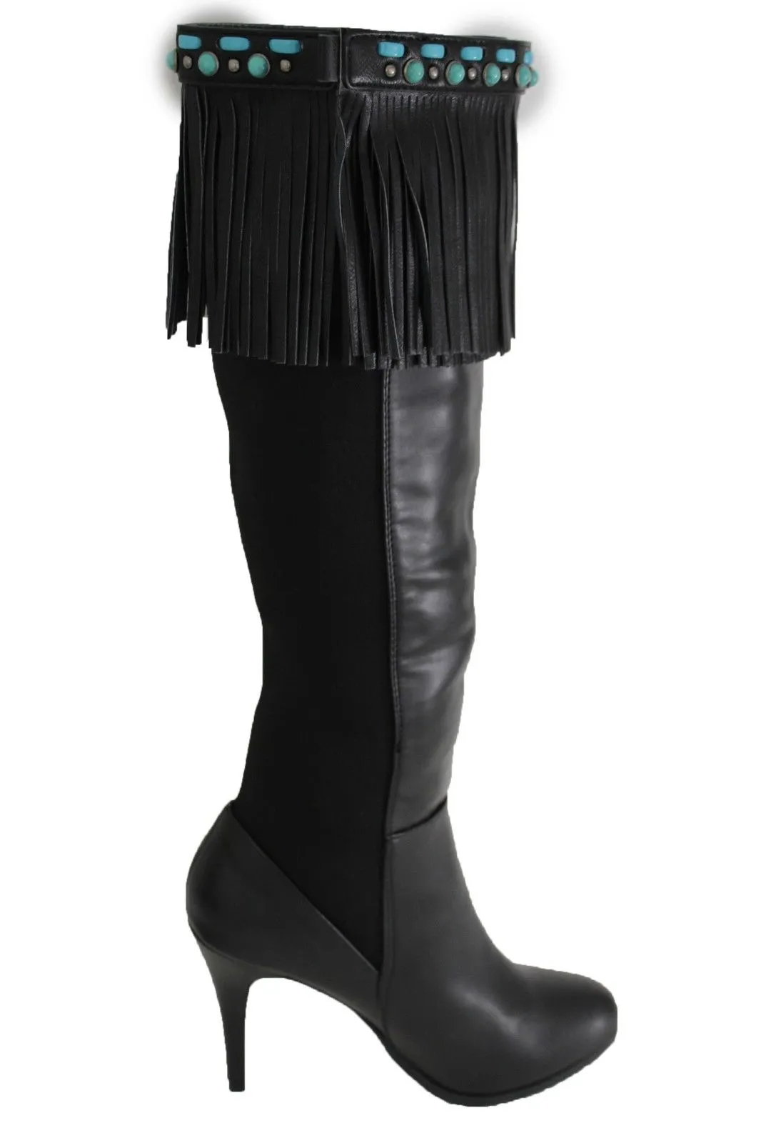 Black Brown Leather Long Fringes Turquoise Blue Beads Western Pair Boots Toppers