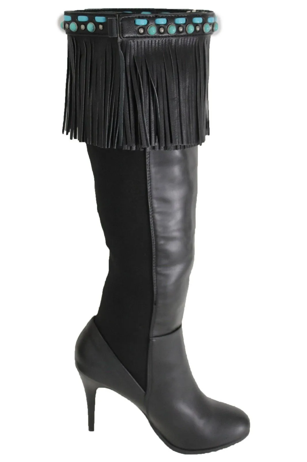 Black Brown Leather Long Fringes Turquoise Blue Beads Western Pair Boots Toppers