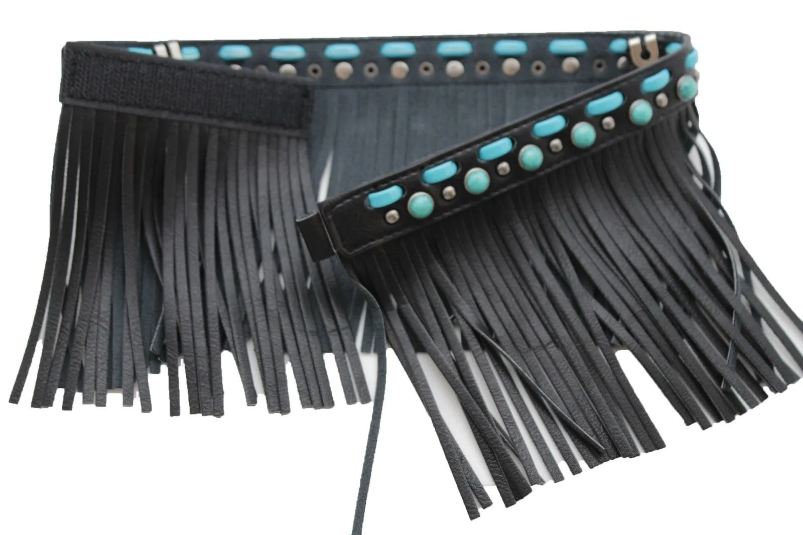 Black Brown Leather Long Fringes Turquoise Blue Beads Western Pair Boots Toppers