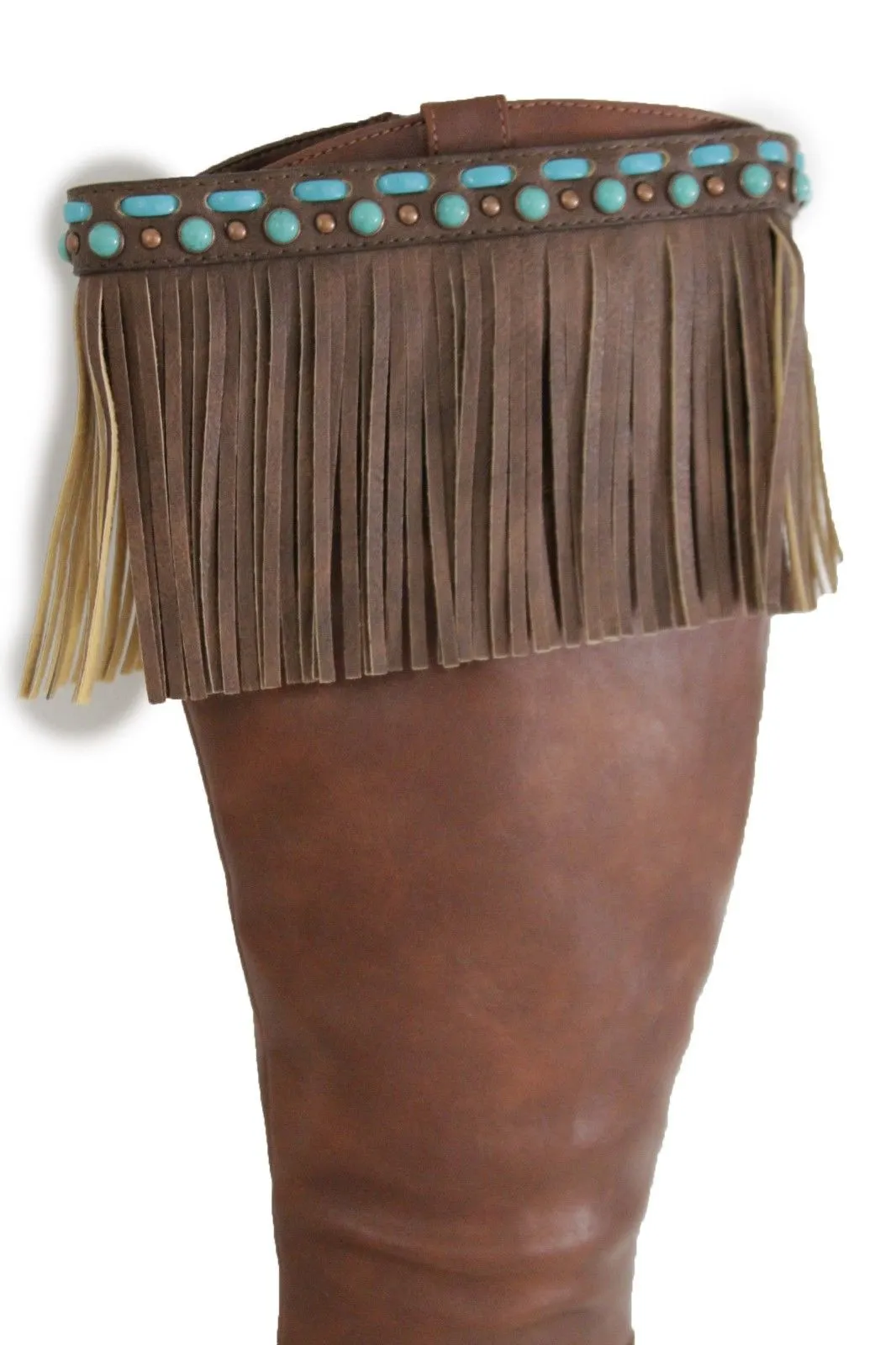 Black Brown Leather Long Fringes Turquoise Blue Beads Western Pair Boots Toppers