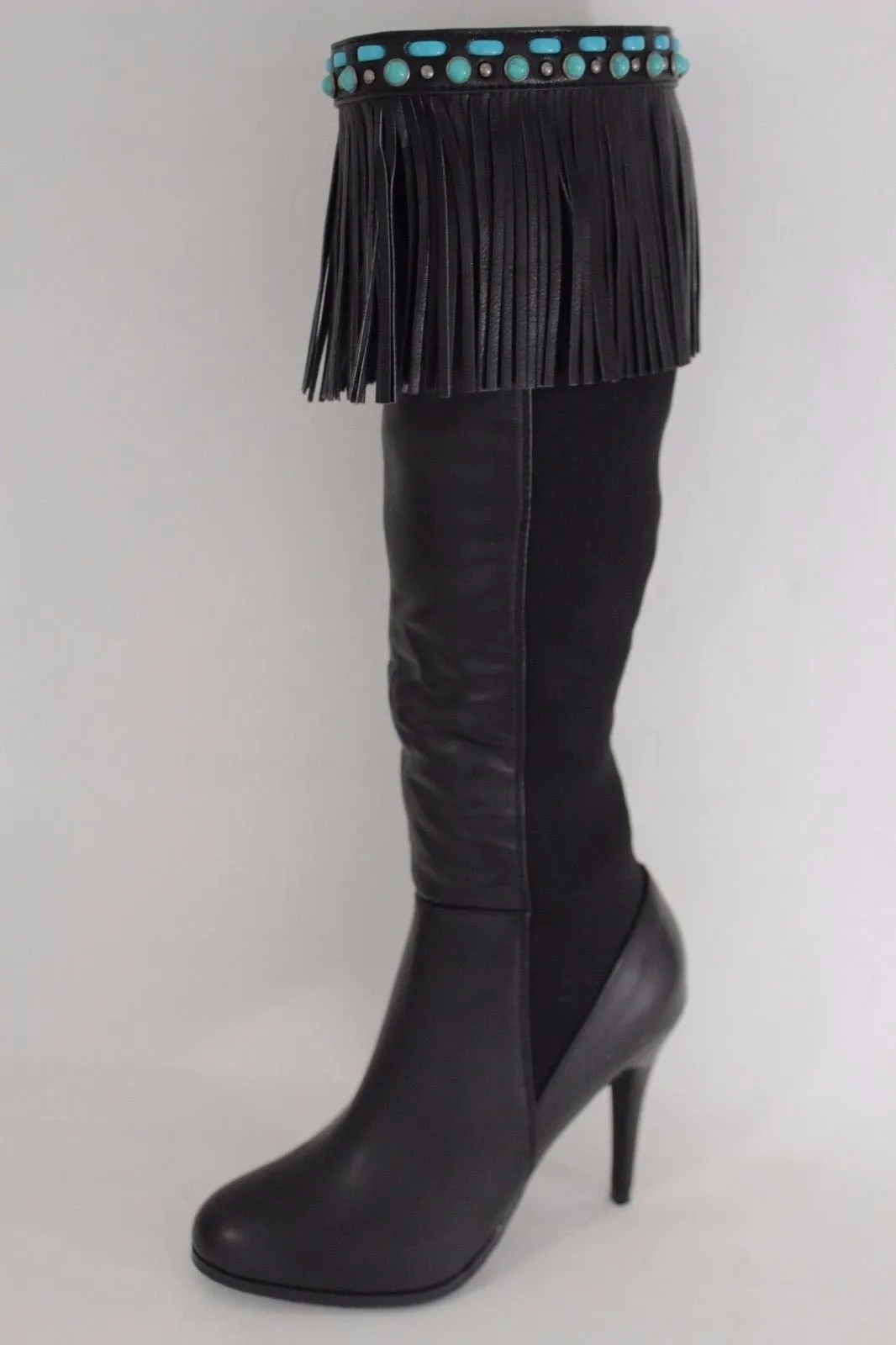 Black Brown Leather Long Fringes Turquoise Blue Beads Western Pair Boots Toppers