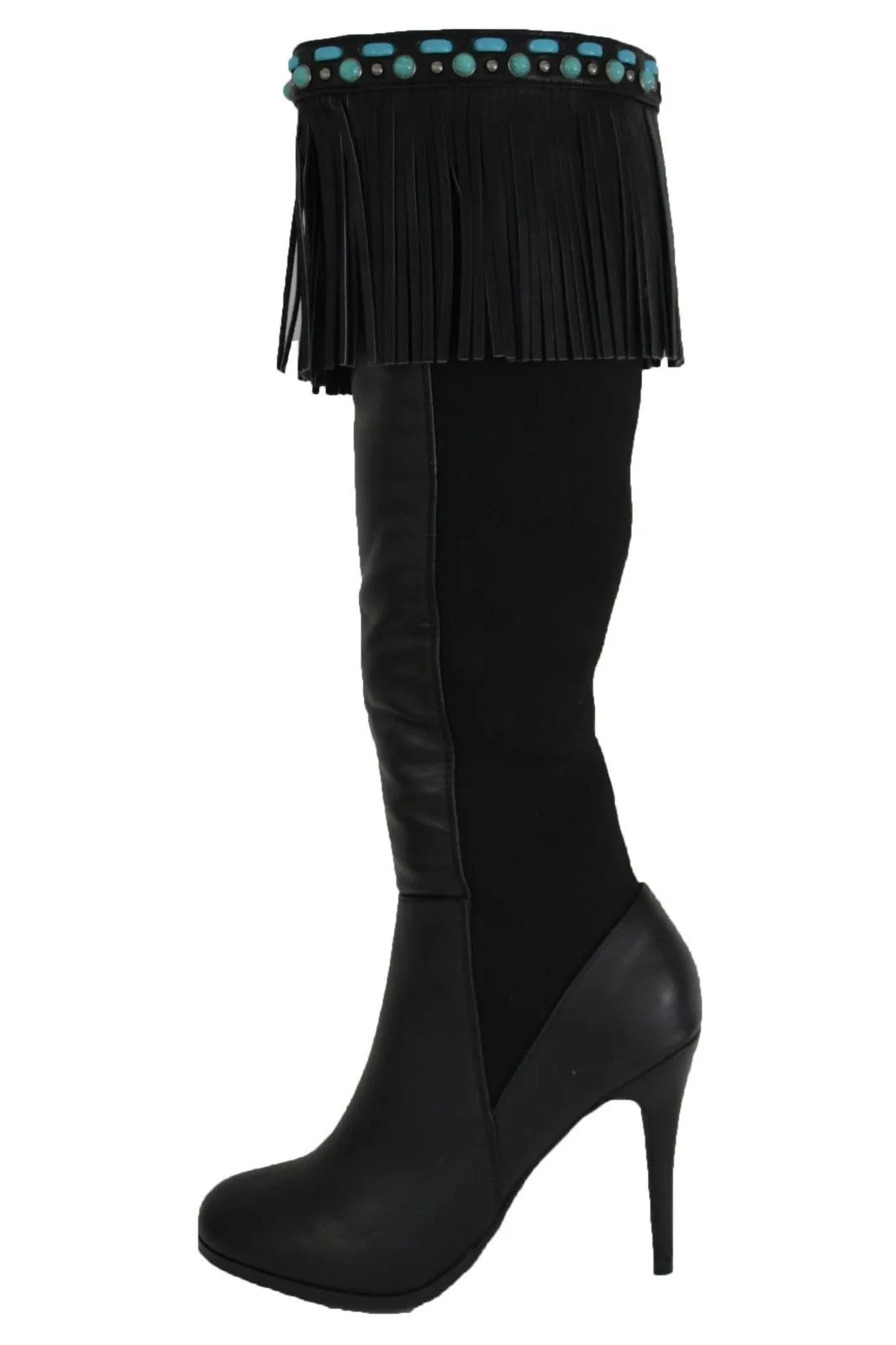 Black Brown Leather Long Fringes Turquoise Blue Beads Western Pair Boots Toppers