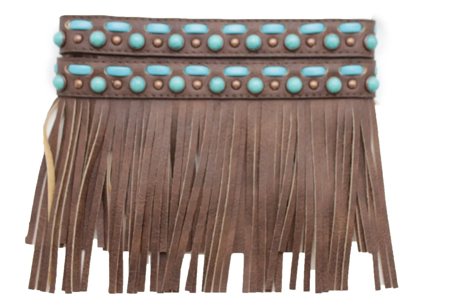 Black Brown Leather Long Fringes Turquoise Blue Beads Western Pair Boots Toppers