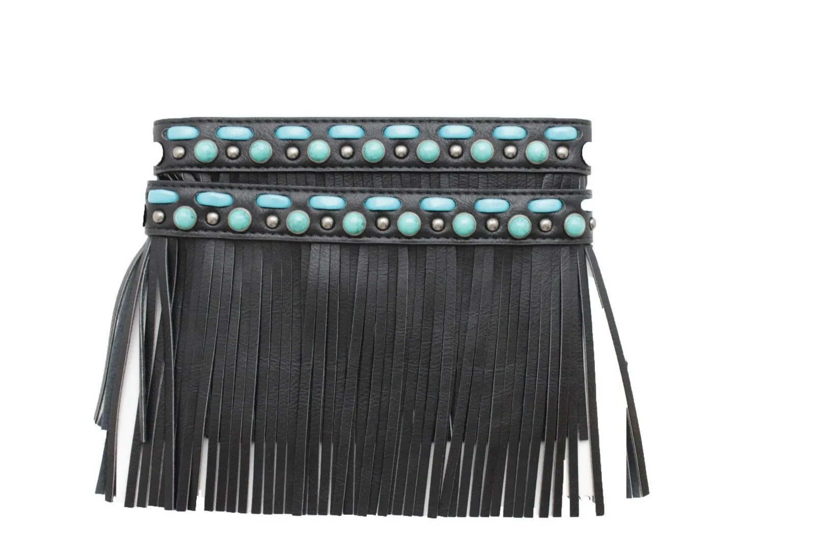 Black Brown Leather Long Fringes Turquoise Blue Beads Western Pair Boots Toppers