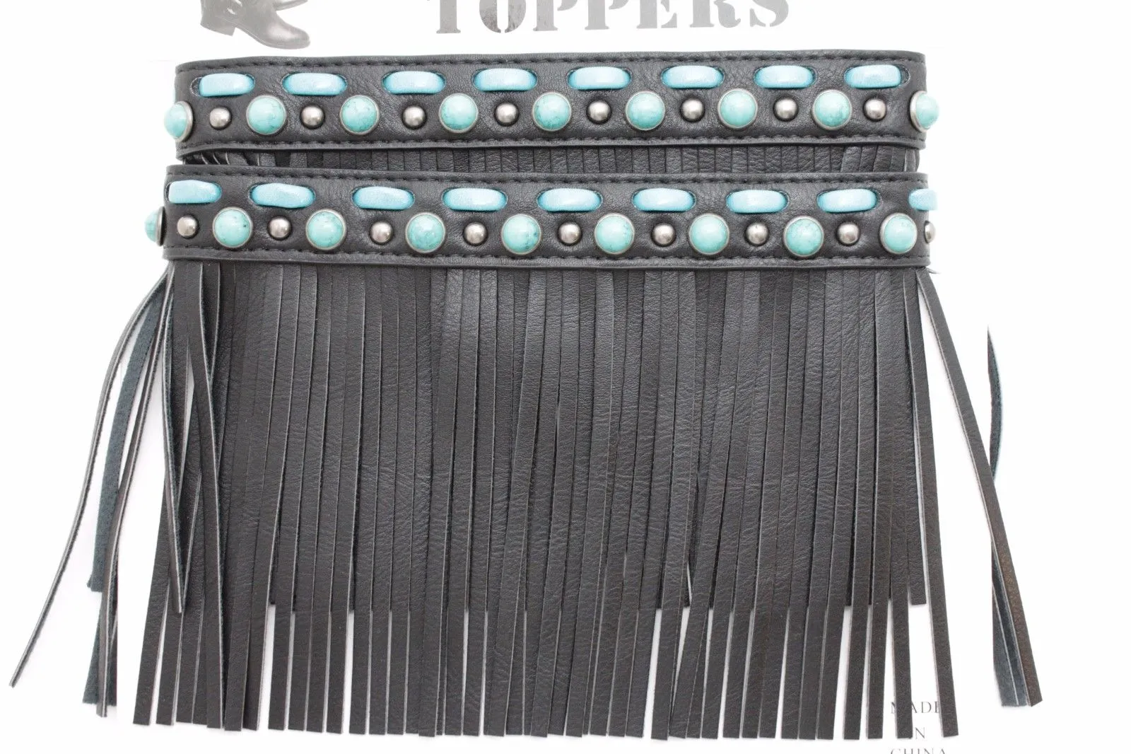 Black Brown Leather Long Fringes Turquoise Blue Beads Western Pair Boots Toppers