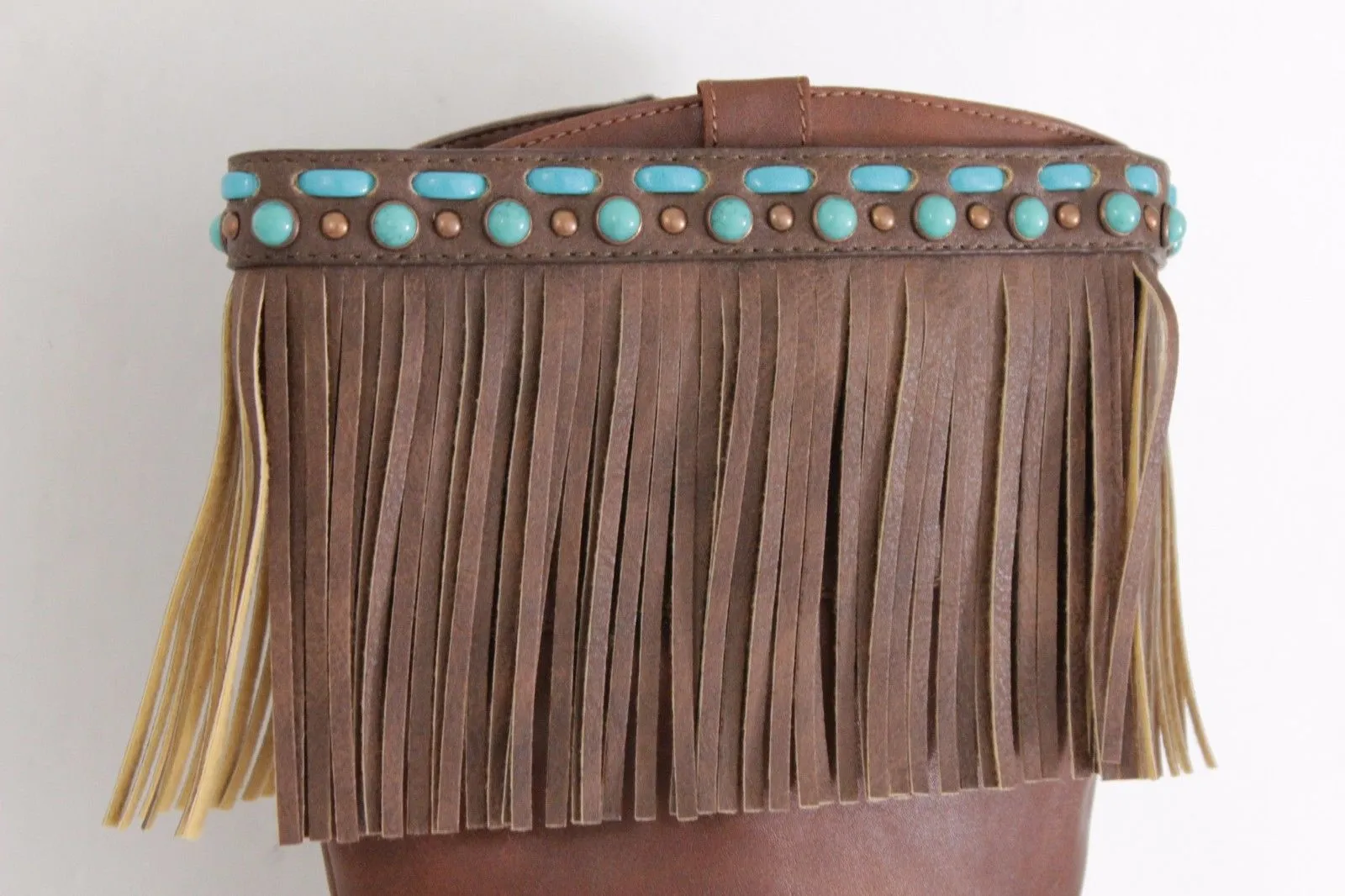 Black Brown Leather Long Fringes Turquoise Blue Beads Western Pair Boots Toppers