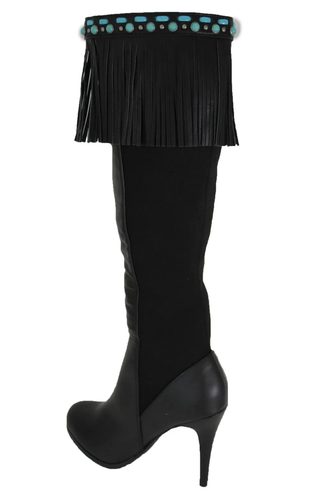 Black Brown Leather Long Fringes Turquoise Blue Beads Western Pair Boots Toppers