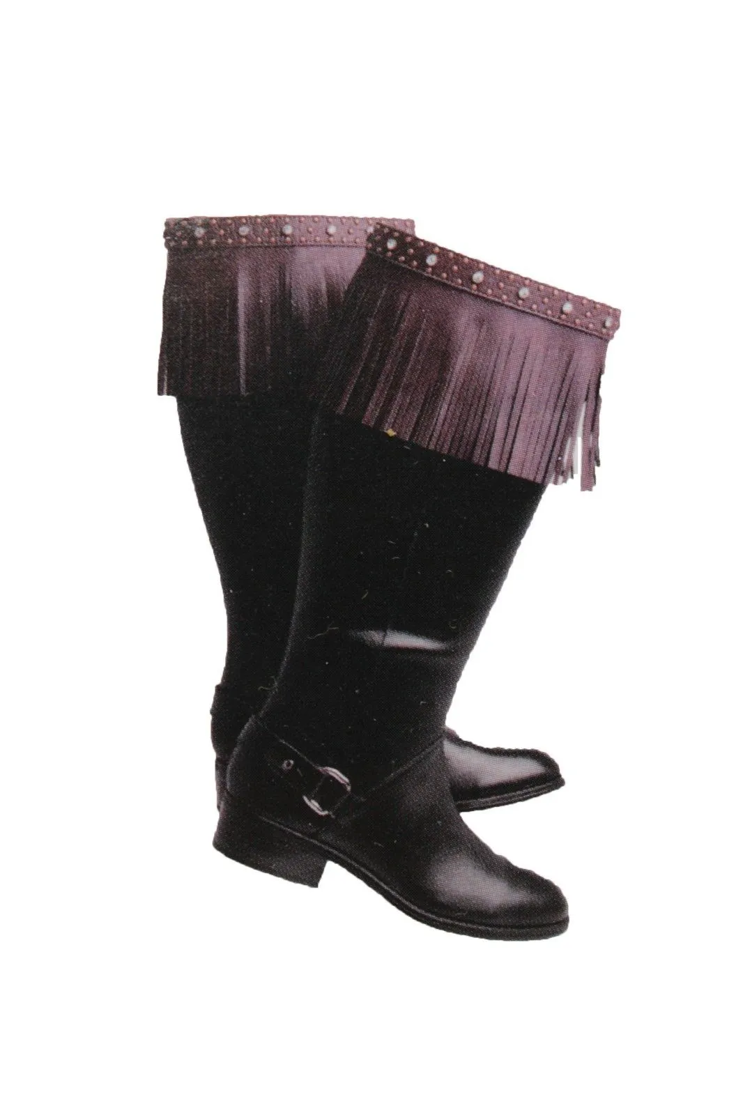 Black Brown Leather Long Fringes Turquoise Blue Beads Western Pair Boots Toppers