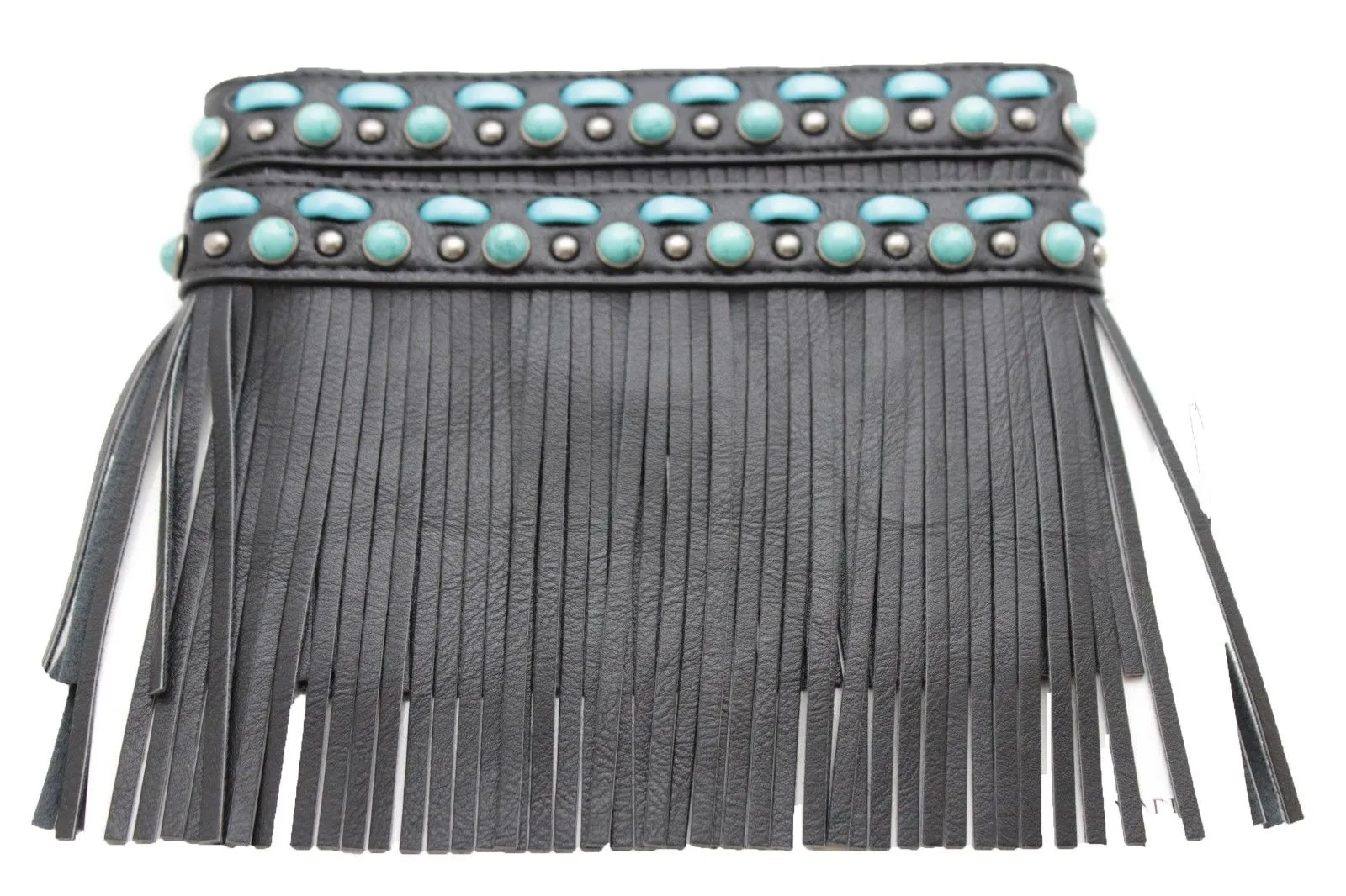 Black Brown Leather Long Fringes Turquoise Blue Beads Western Pair Boots Toppers
