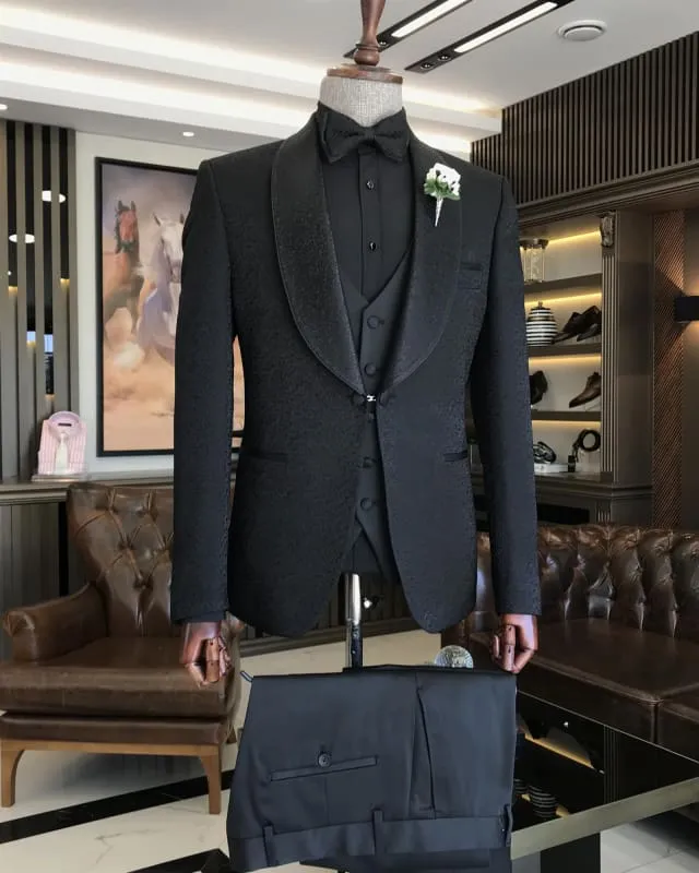 Black Three Pieces Jacquard Shawl Lapel Wedding Men Suit One Button Tuxedos Prom Suits Singer Groom Costume Made