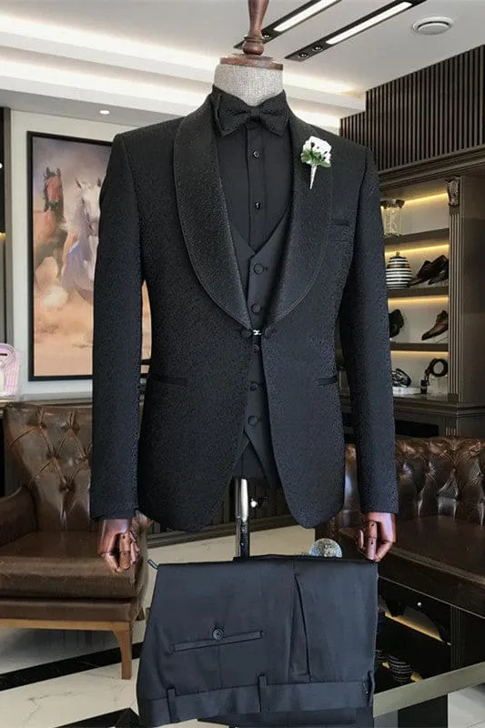 Black Three Pieces Jacquard Shawl Lapel Wedding Men Suit One Button Tuxedos Prom Suits Singer Groom Costume Made