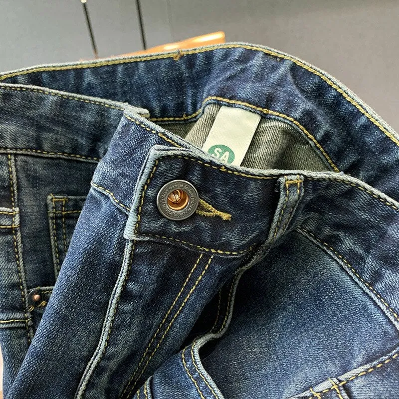 Blue Ripped Square Patchwork Biker Jeans