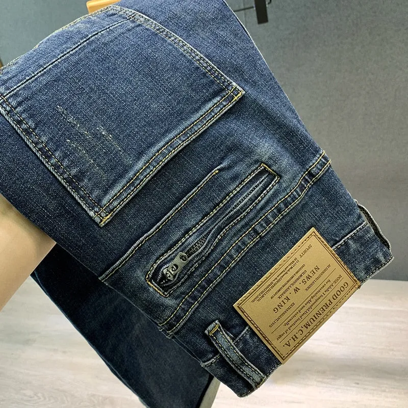 Blue Ripped Square Patchwork Biker Jeans