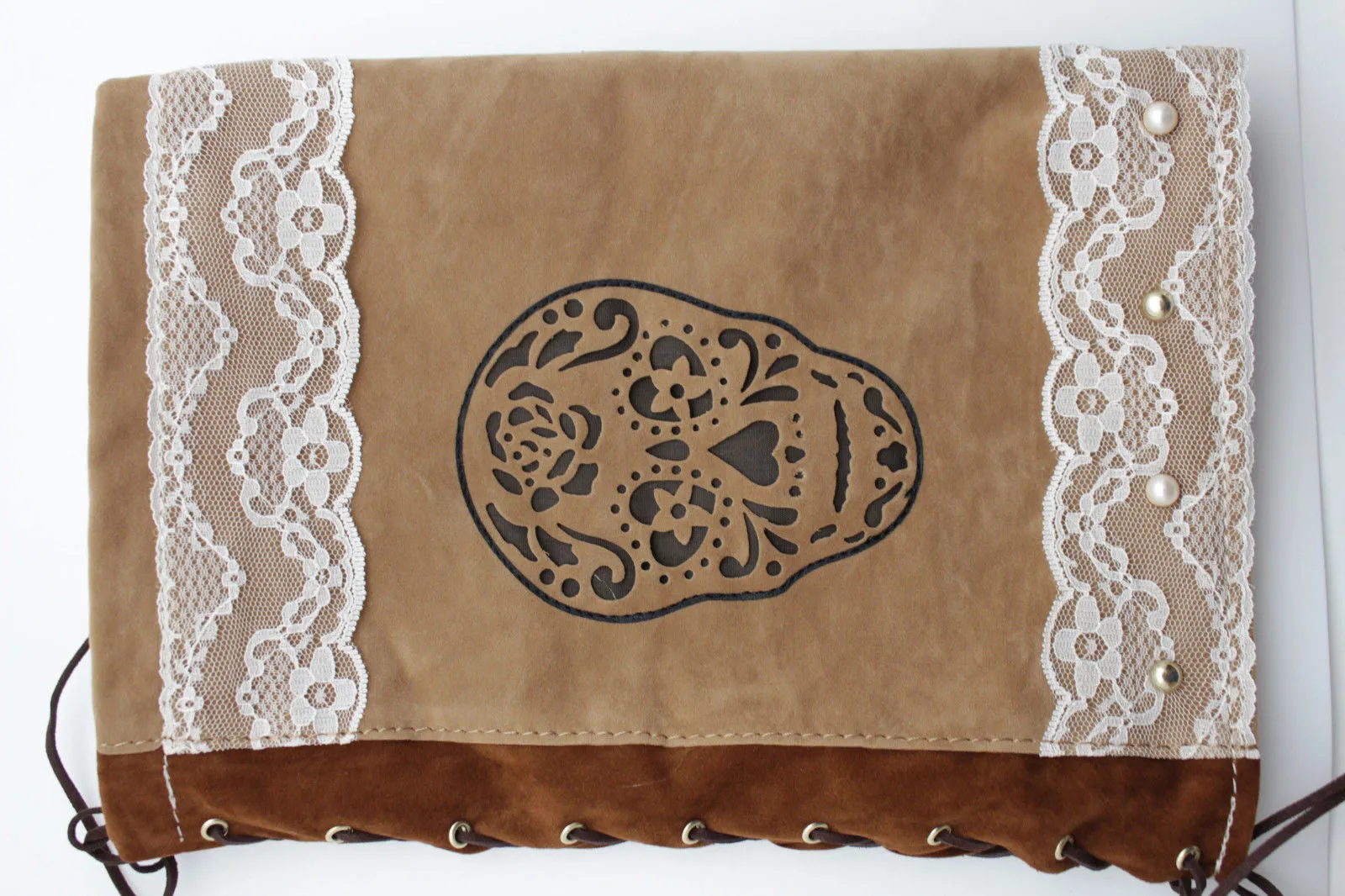 Brown Beige Faux Leather Slip On Western Sugar Skulls Boots Cover Toppers