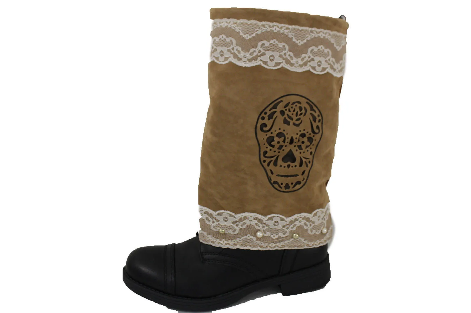 Brown Beige Faux Leather Slip On Western Sugar Skulls Boots Cover Toppers