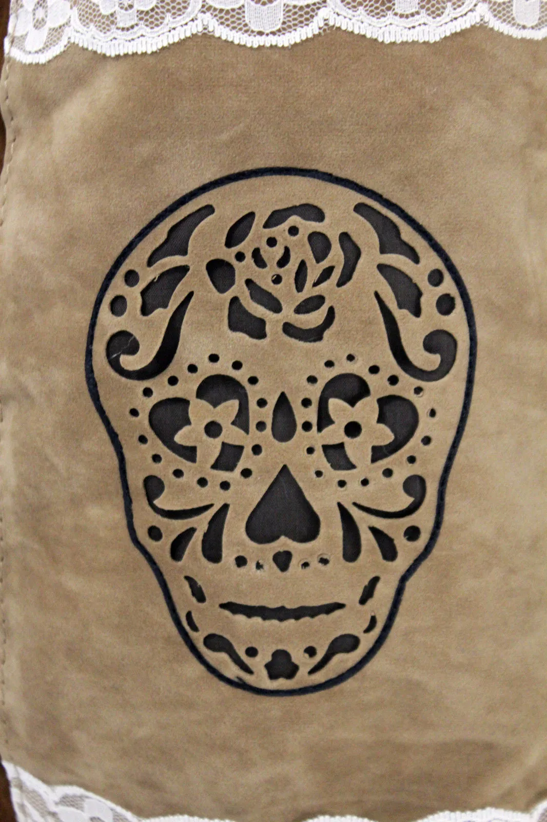 Brown Beige Faux Leather Slip On Western Sugar Skulls Boots Cover Toppers