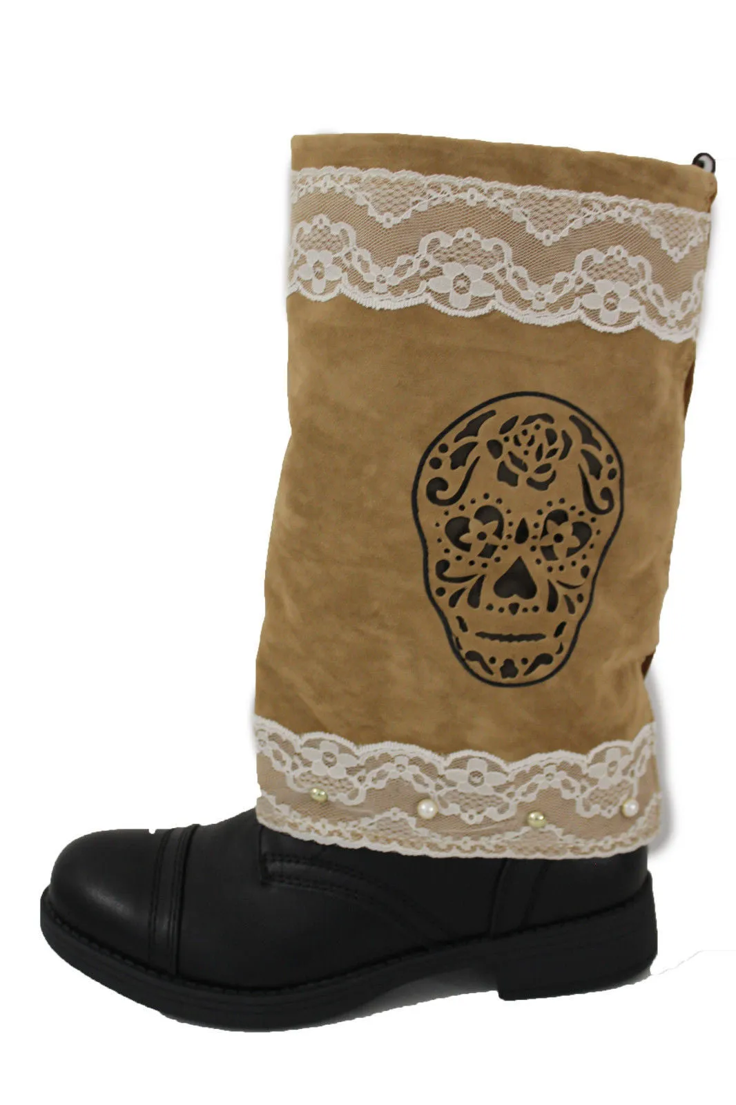 Brown Beige Faux Leather Slip On Western Sugar Skulls Boots Cover Toppers