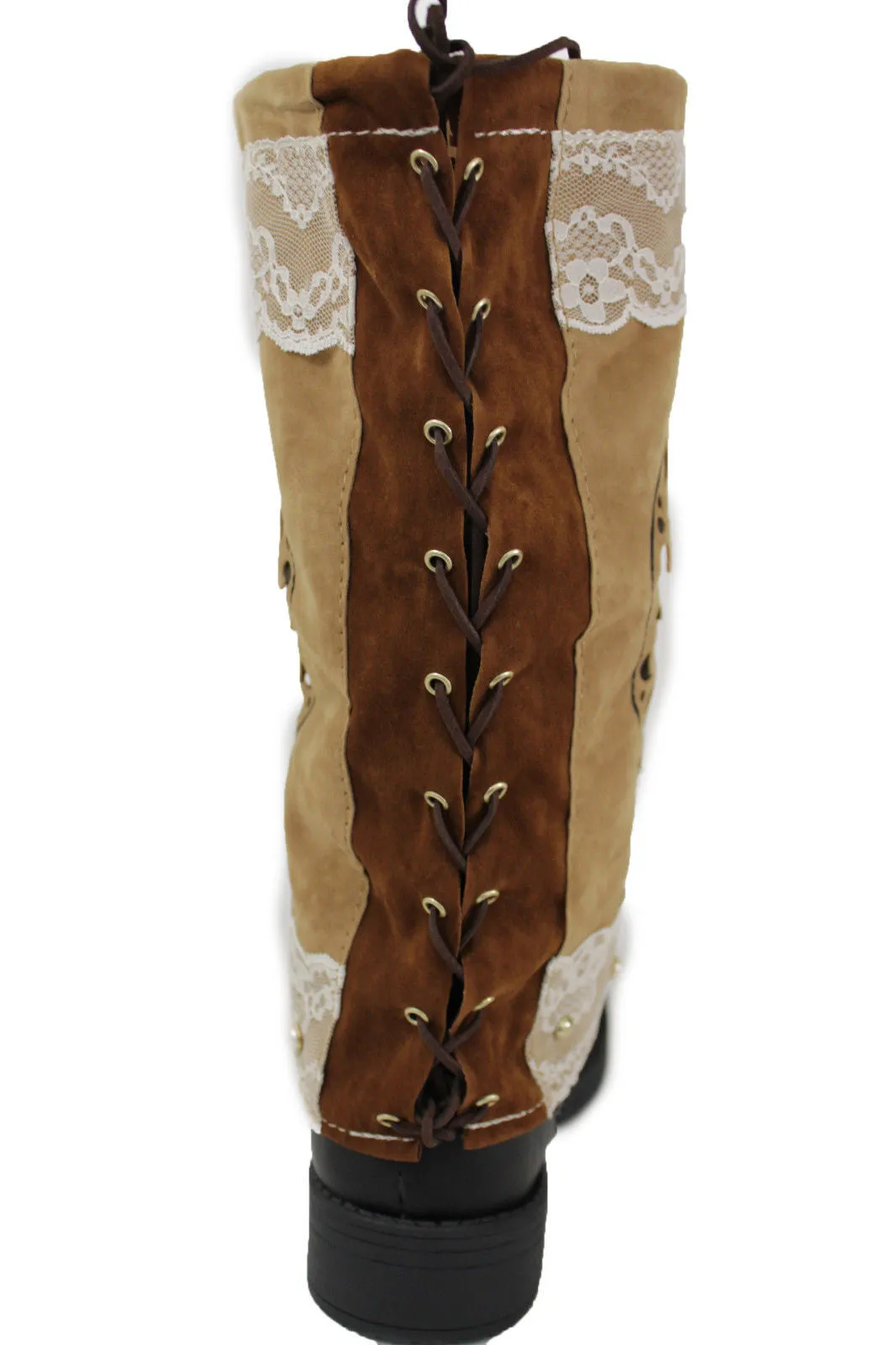 Brown Beige Faux Leather Slip On Western Sugar Skulls Boots Cover Toppers