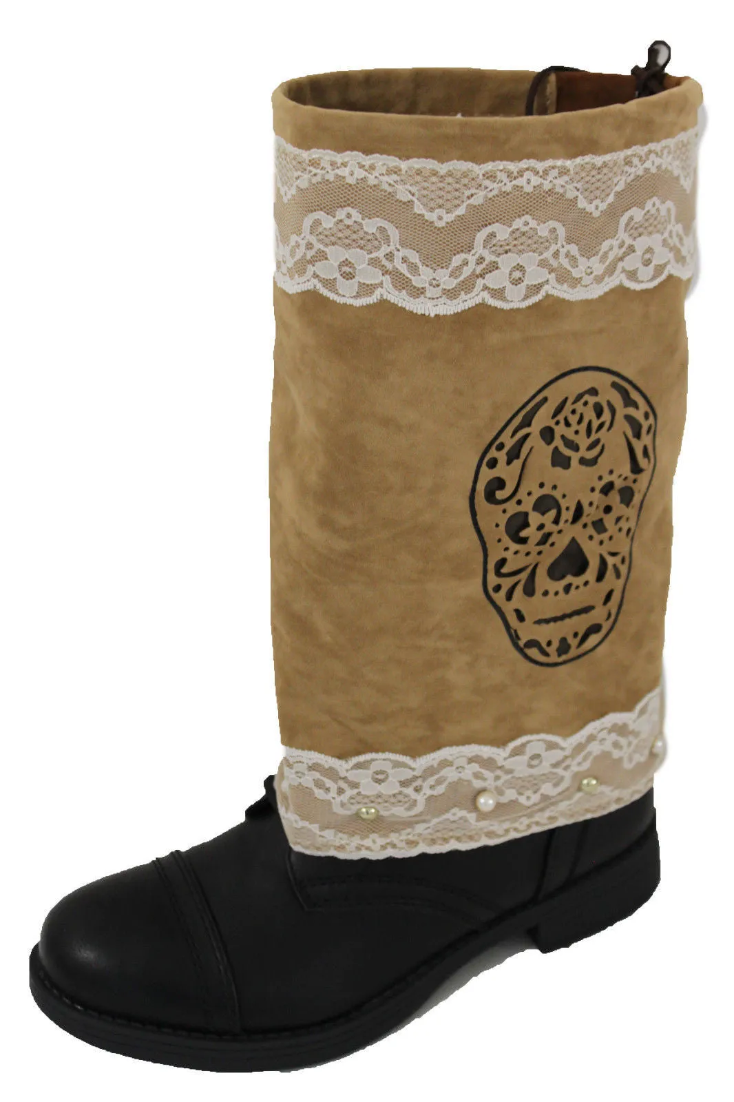 Brown Beige Faux Leather Slip On Western Sugar Skulls Boots Cover Toppers