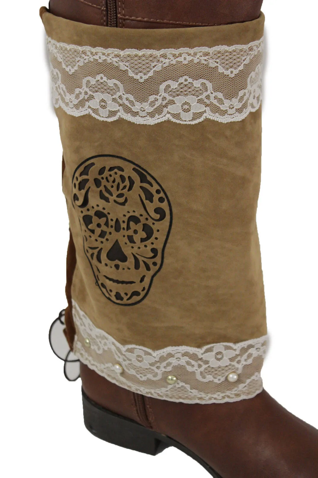 Brown Beige Faux Leather Slip On Western Sugar Skulls Boots Cover Toppers