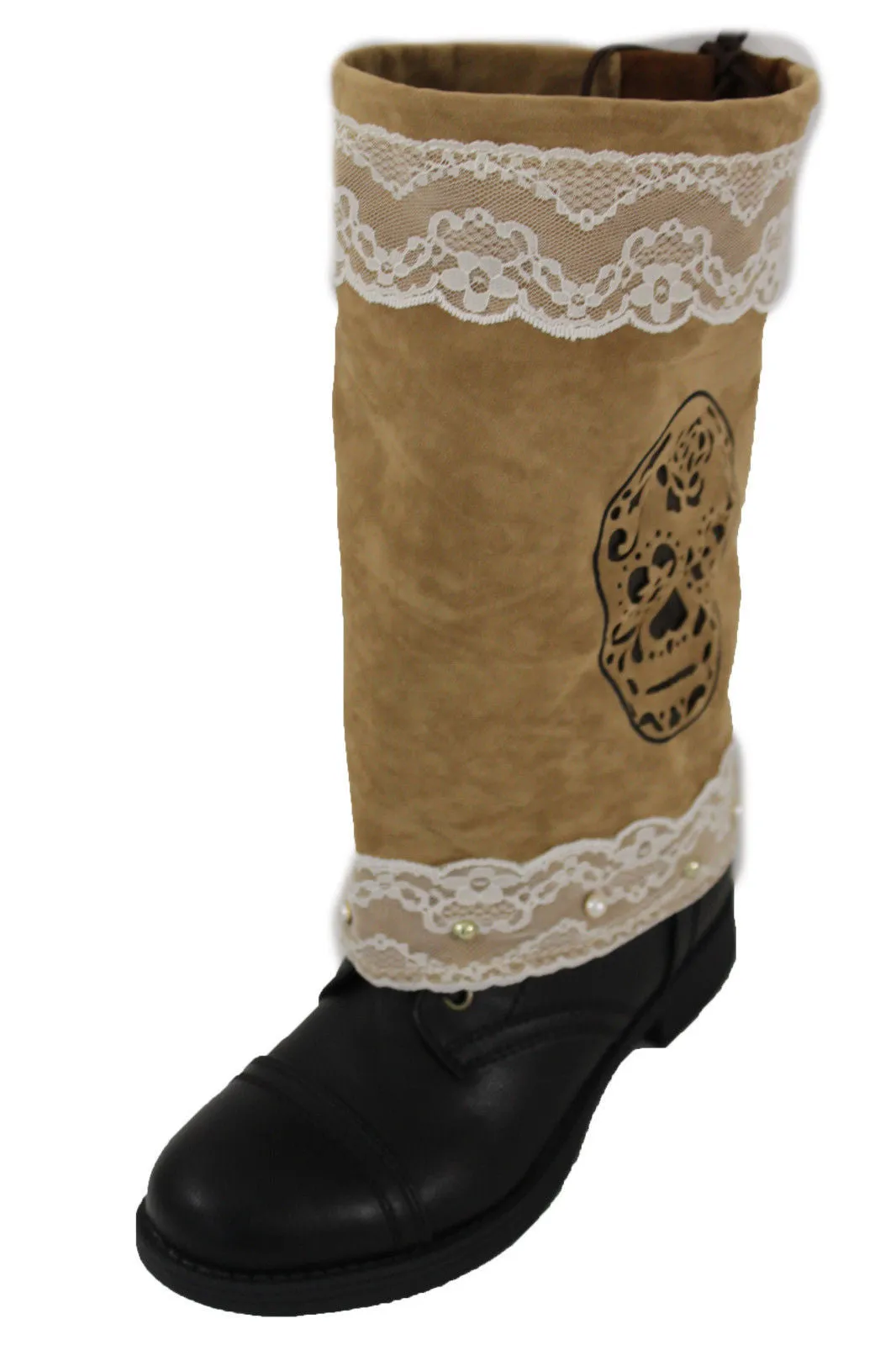 Brown Beige Faux Leather Slip On Western Sugar Skulls Boots Cover Toppers