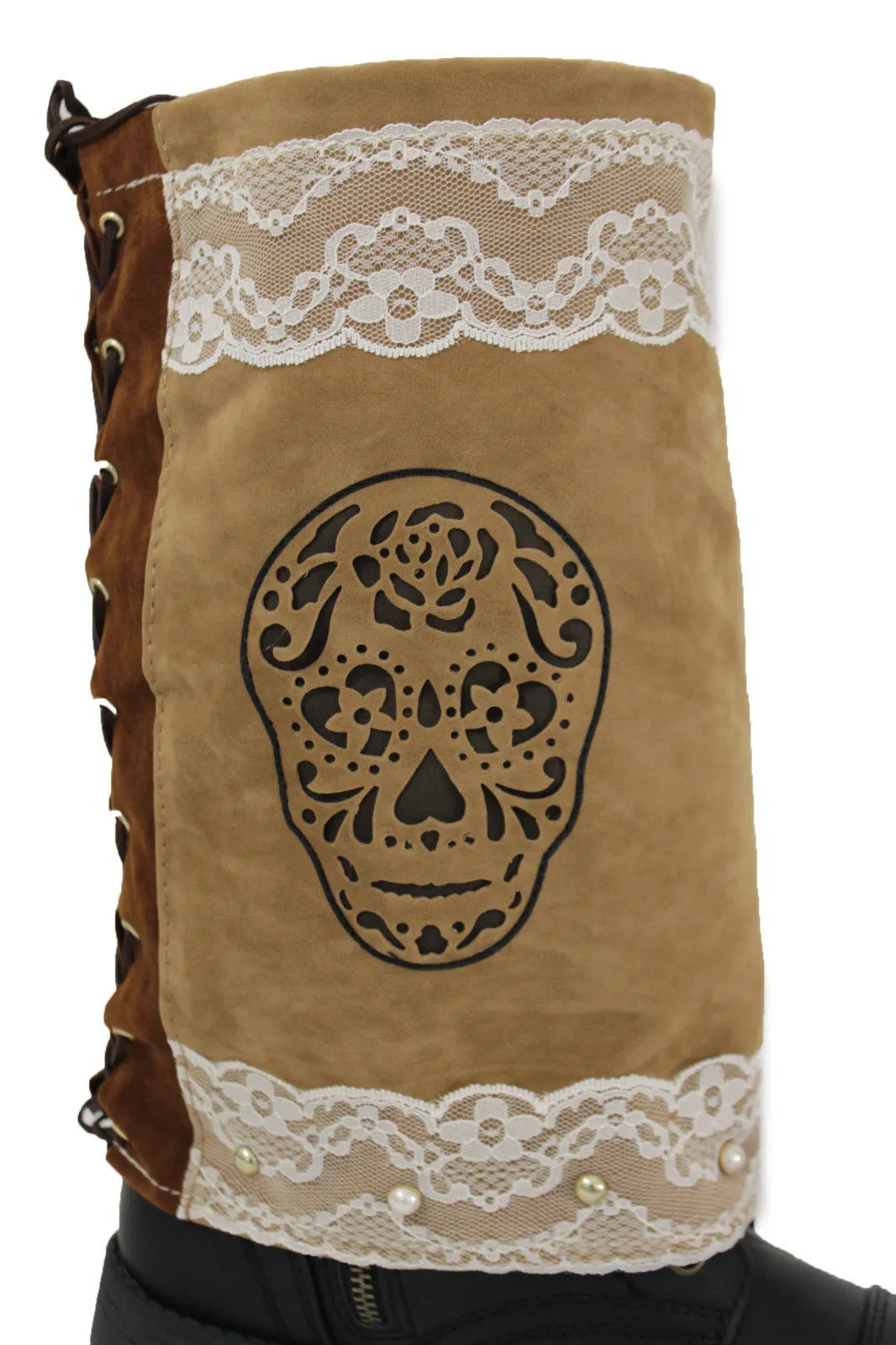 Brown Beige Faux Leather Slip On Western Sugar Skulls Boots Cover Toppers