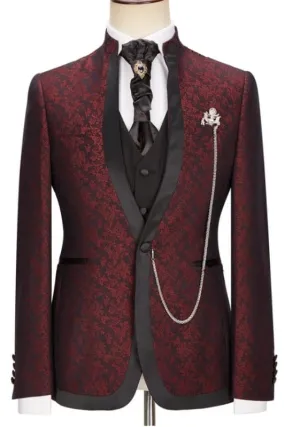 Burgundy Jacquard Shawl Lapel Three Pieces Wedding Suits One Button Wedding Groom Tuxedos Vest Pants