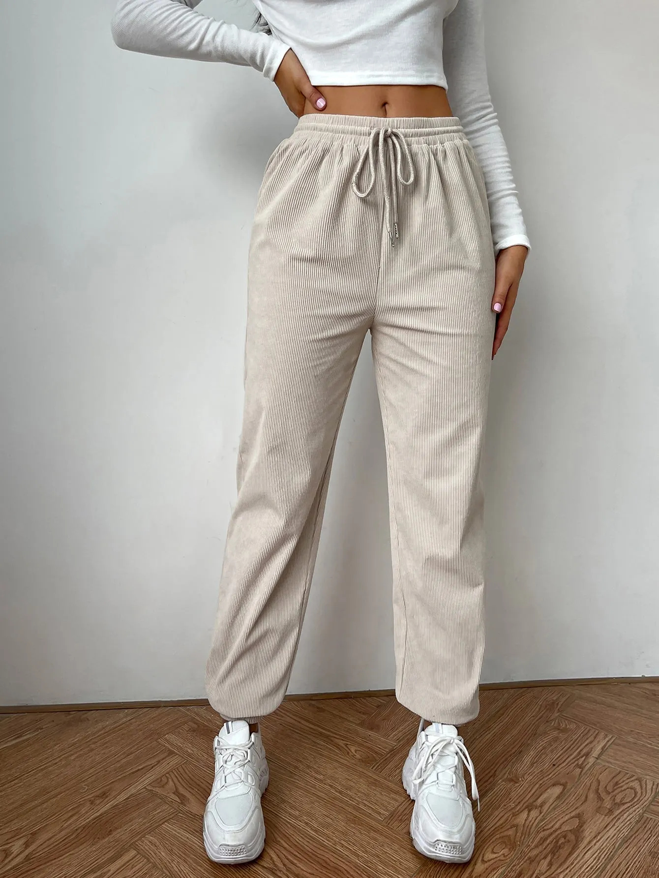 Casual Plain Drawstring High Waist Long Women Pants