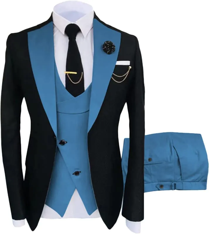 Chic Blue Shawl Lapel Three Pieces Prom Suits Semi Formal Wedding Attire Male