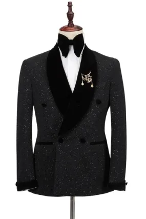 Classic Black  Velvet Shawl Lapel Sequins Double Breasted Wedding Suits Two Pieces Wedding Party Wear Prom