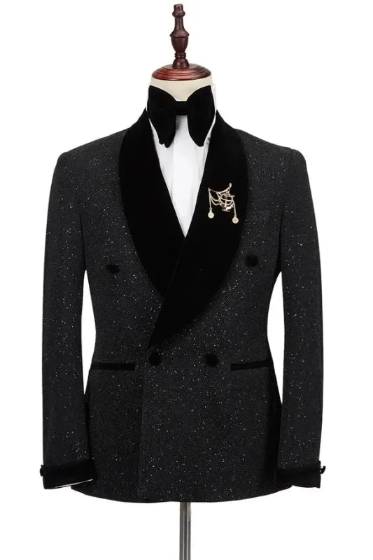 Classic Black Velvet Shawl Lapel Sequins Double Breasted Wedding Suits Two Pieces Wedding Party Wear Prom