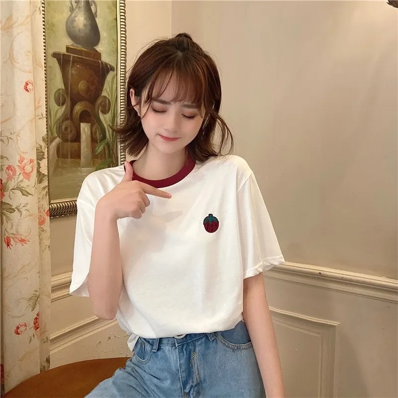 Cute Pink Strawberry Embroidered Loose T-shirt